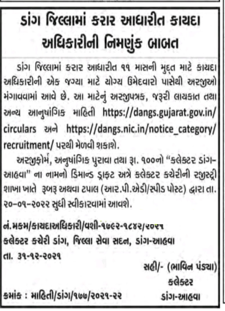 Collector Office Dang Recruitment 2022 - MaruGujaratPost.Com