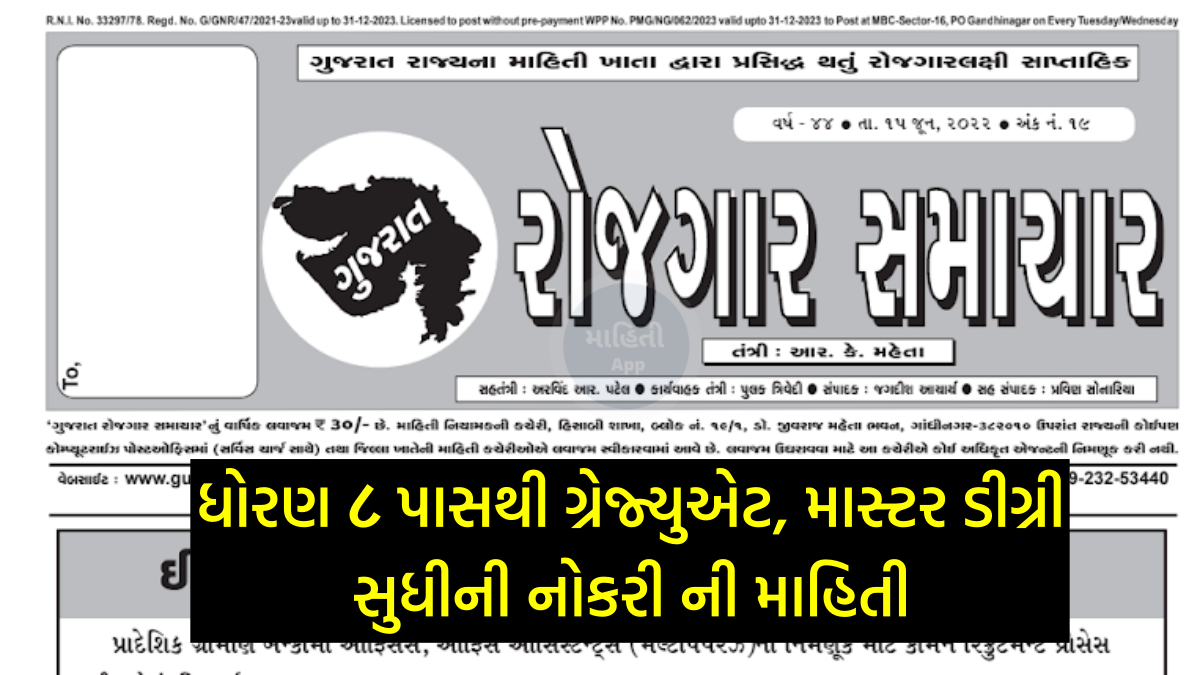 Gujarat Rojgar Samachar Date 15/06/2022, Download PDF gujaratinformation.gujarat.gov.in